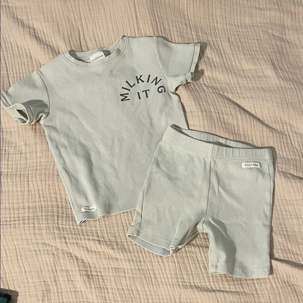 CLAUD & CO Mint/light grey cotton Waffle Set - "MILKING IT" Tee & Shorts